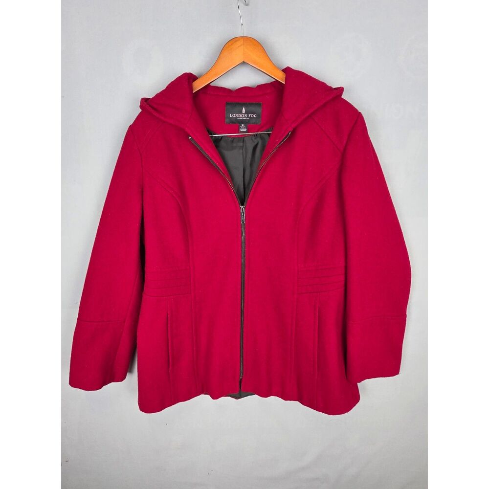 London Fog Wool Blend Red Peacoat Zip Hooded XL Elevated Basics Winter Warm Cozy